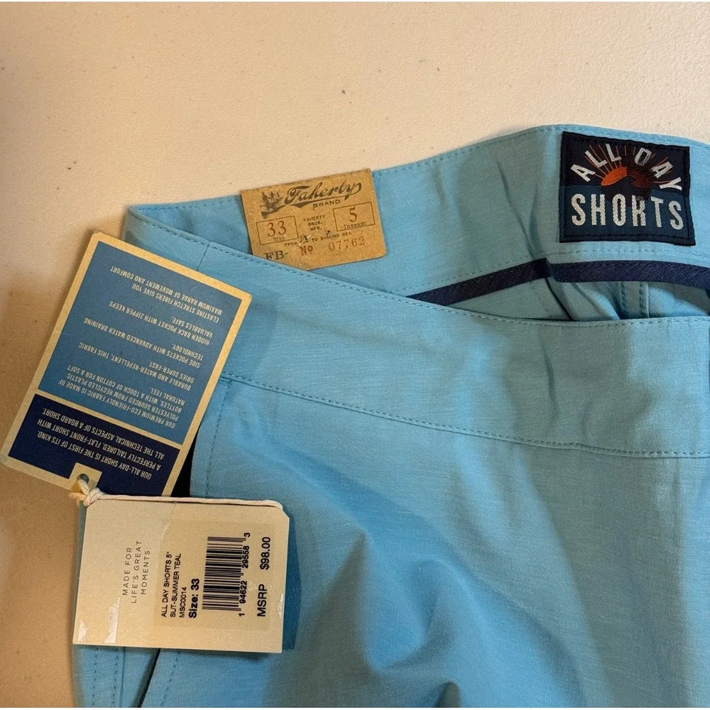 Faherty Summer Blue Teal Performance Casual Golf Chino All Day Shorts Men's 33x5